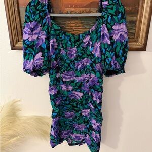 Bershka Purple and Green Floral Puff Sleeve Mini Dress